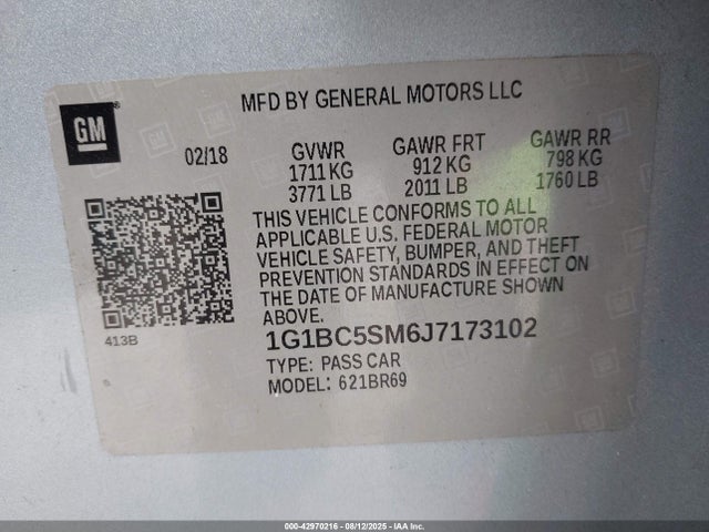 1G1BC5SM6J7173102 Chevrolet le2 -di: direct injection, vvt: variable valve timing, gen, alum