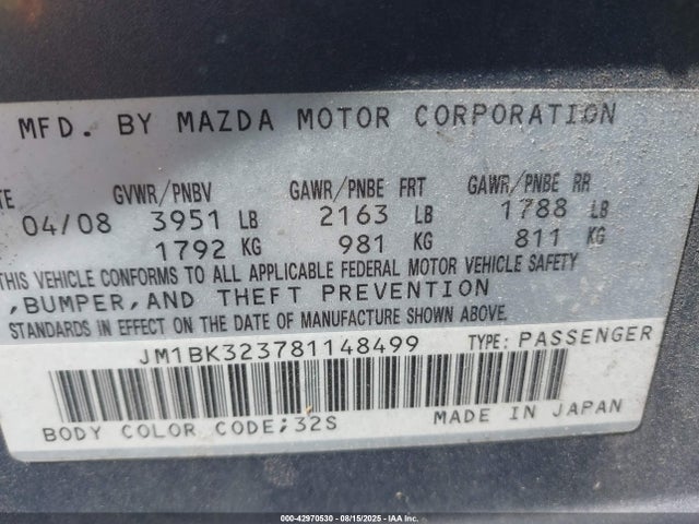 Продаж на аукціоні авто 2008 Mazda Mazda3 S Sport, vin: JM1BK323781148499, номер лоту: 42970530