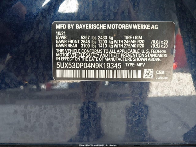 5UX53DP04N9K19345 BMW 2022