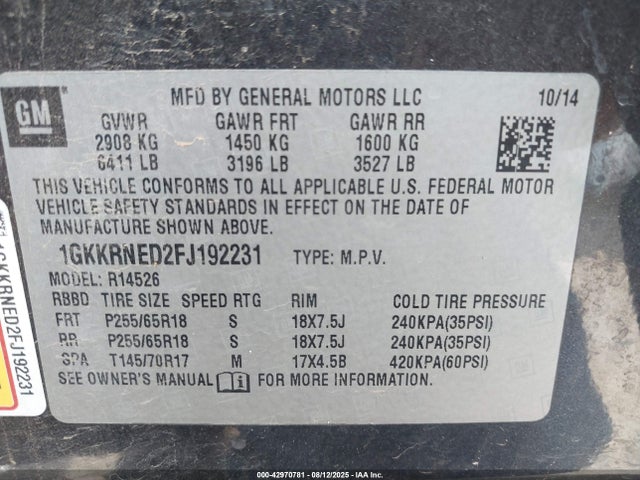 1GKKRNED2FJ192231 GMC llt
