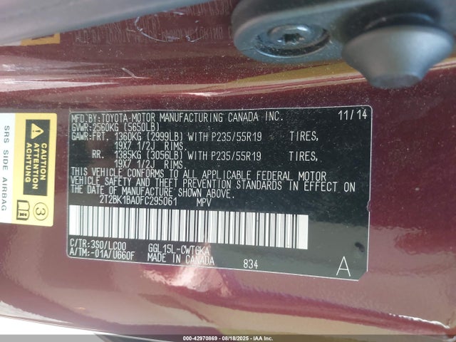 Продажа на аукционе авто 2015 Lexus Rx 350, vin: 2T2BK1BA0FC295061, номер лота: 42970869