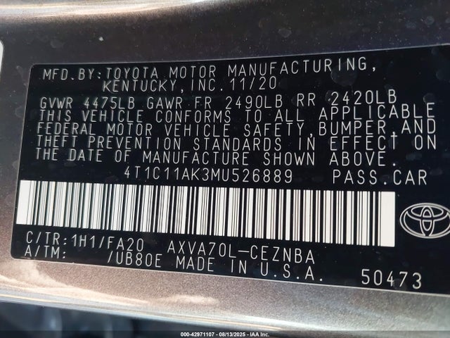 4T1C11AK3MU526889 Toyota a25a-fks