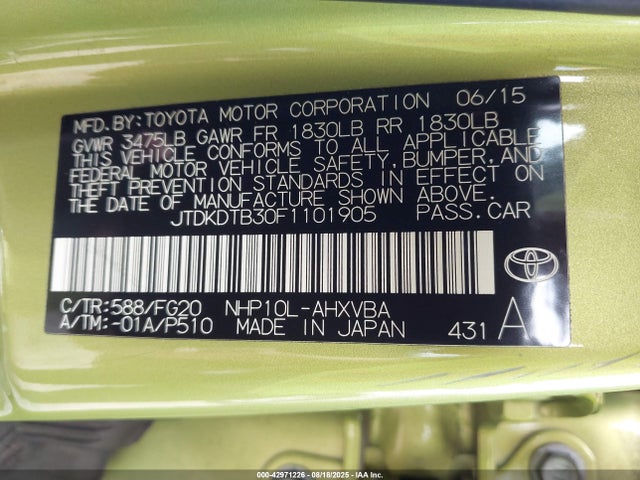 JTDKDTB30F1101905 Toyota 1nz-fxe+1lm