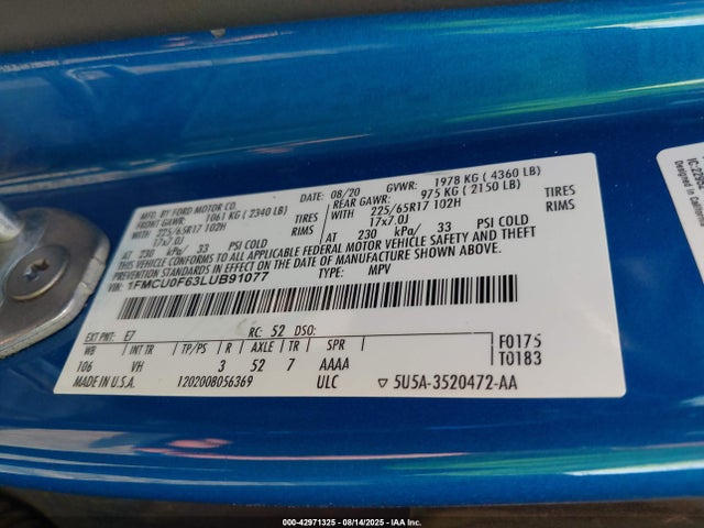 Ford 2020 2020 1FMCU0F63LUB91077 Image 9