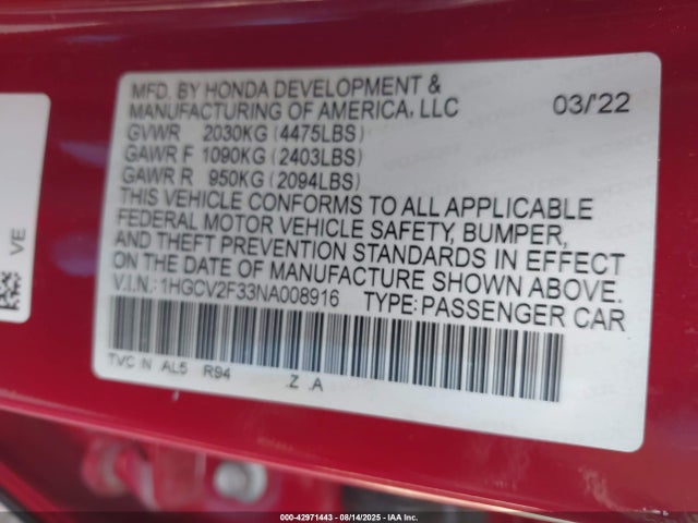 Honda k20c4 2022 1HGCV2F33NA008916 Image 9