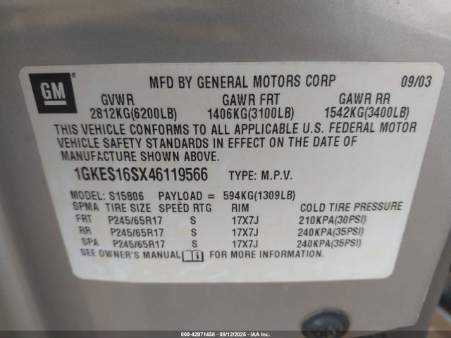 Aukcja sprzedaży 2004 Gmc Envoy Xl Slt, vin: 1GKES16SX46119566, numer aukcji: 42971458