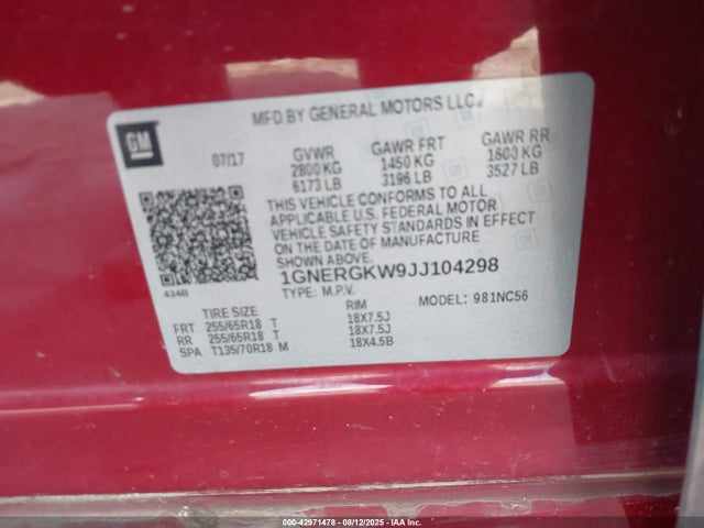 1GNERGKW9JJ104298 Chevrolet lfy - spark ignited direct injection, atss, gen 1
