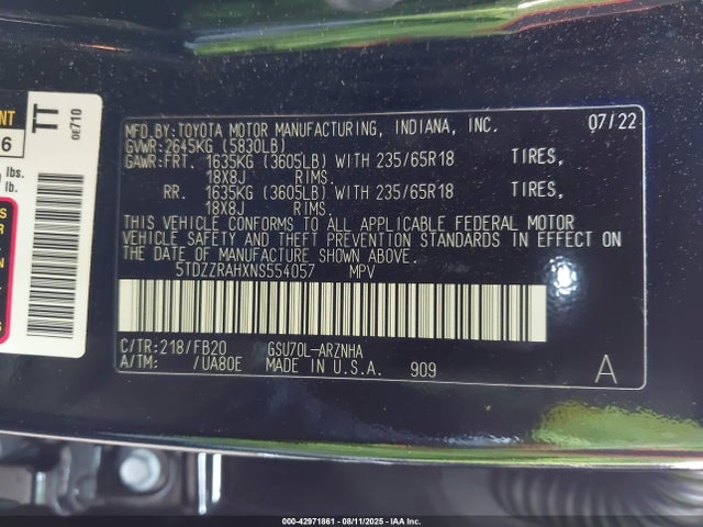 5TDZZRAHXNS554057 Toyota 2gr-fks