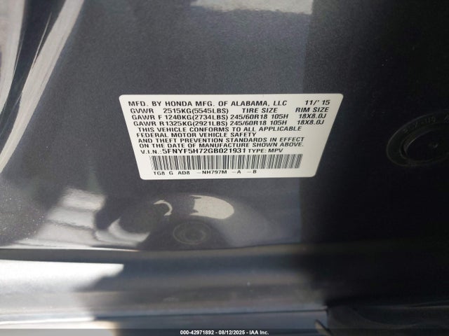 Honda j35y6 2016 5FNYF5H72GB021931 Image 9