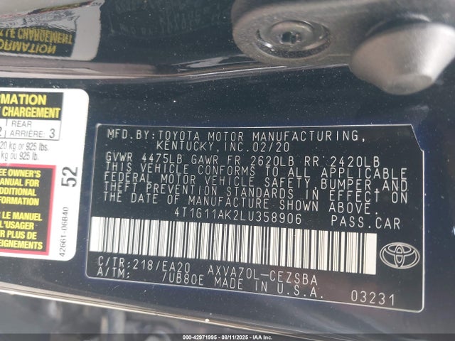 Toyota a25a-fks 2020 4T1G11AK2LU358906 Image 9