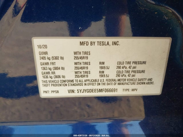 2021 TESLA MODEL Y 5YJYGDEE5MF066691 Photo 8