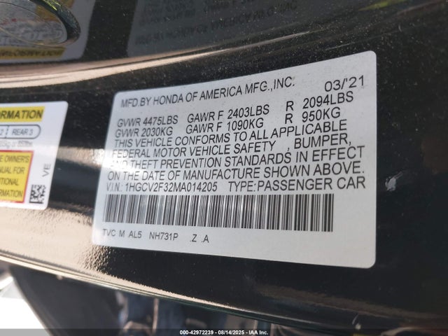 Honda k20c4 2021 1HGCV2F32MA014205 Image 9