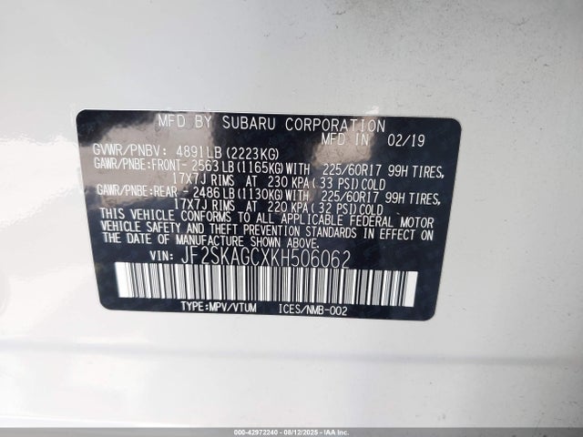 JF2SKAGCXKH506062 Subaru naturally aspirated u5