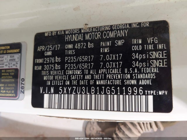 5XYZU3LB1JG511996 Hyundai gdi theta ii