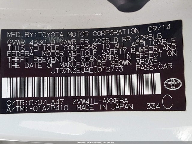 Toyota 2zr-fxe+5jm 2014 JTDZN3EU4EJ012773 Image 9