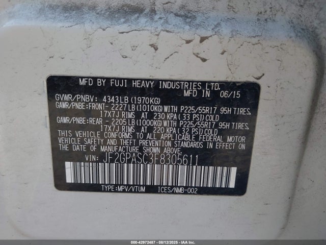 JF2GPASC3F8305611 Subaru 2.0l naturally aapirated