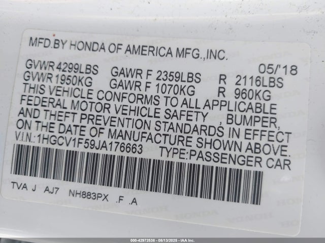 1HGCV1F59JA176663 Honda l15be