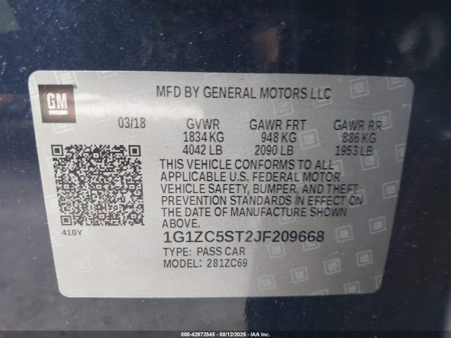 1G1ZC5ST2JF209668 Chevrolet lfv - direct injection, variable valve timing, gen 1