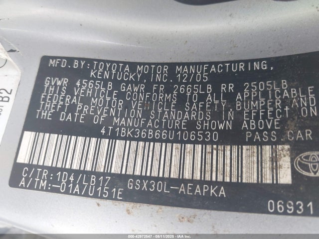 Продажа на аукционе авто 2006 Toyota Avalon Limited, vin: 4T1BK36B66U106530, номер лота: 42972547