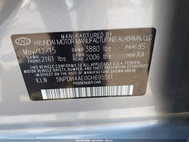 Hyundai dohc mpi nu 2016 5NPDH4AE0GH695511 Image 9