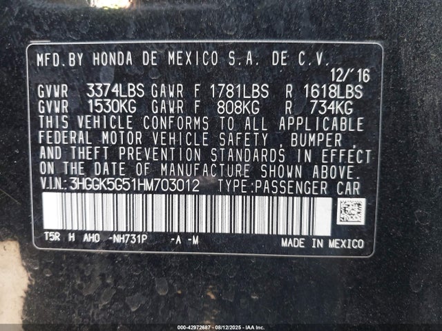 3HGGK5G51HM703012 Honda l15b1/l15b3