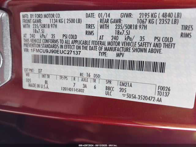 1FMCU9J90EUC27137 Ford 2014