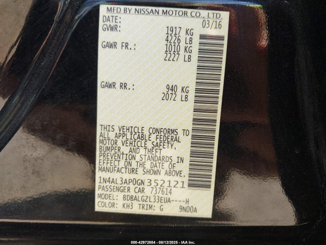 Aukcja sprzedaży 2016 Nissan Altima 2.5 S, vin: 1N4AL3AP0GN352121, numer aukcji: 42972884