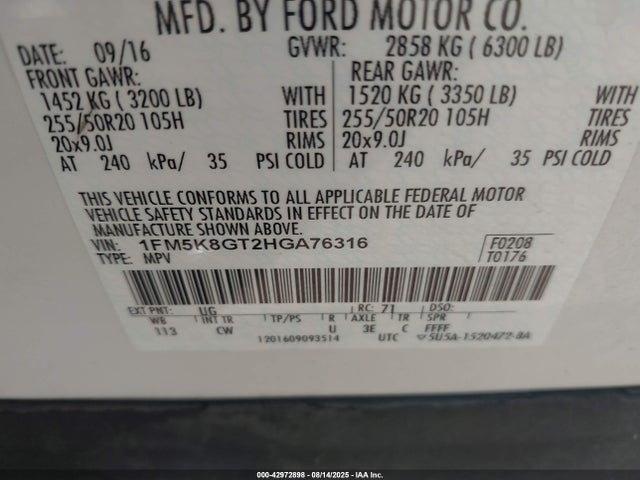 1FM5K8GT2HGA76316 Ford 3.5l gtdi