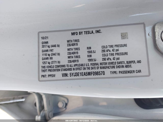 Aukcja sprzedaży 2021 Tesla Model 3 Standard Range Plus Rear-wheel Drive, vin: 5YJ3E1EA5MF098570, numer aukcji: 42972942