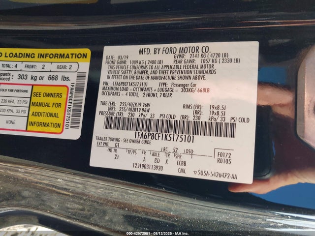 42972951 :رقم المزاد ، 1FA6P8CF1K5175101 vin ، 2019 Ford Mustang Gt مزاد بيع