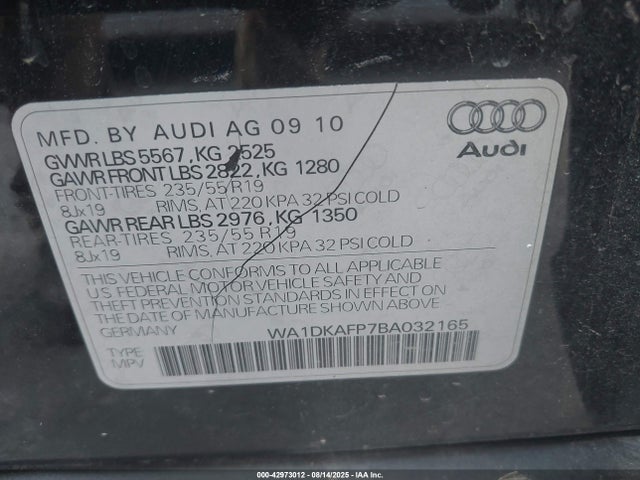 42973012 :رقم المزاد ، WA1DKAFP7BA032165 vin ، 2011 Audi Q5 3.2 Premium Plus مزاد بيع