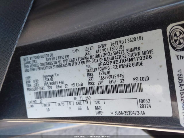 3FADP4EJXHM170306 Ford 1.6l ti-vct premium fuel