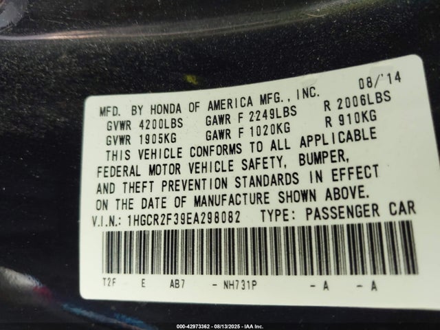 Honda k24w1 2014 1HGCR2F39EA298082 Image 9