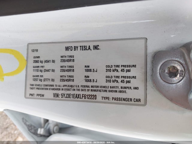 2020 TESLA MODEL 3 5YJ3E1EAXLF612220 Photo 8
