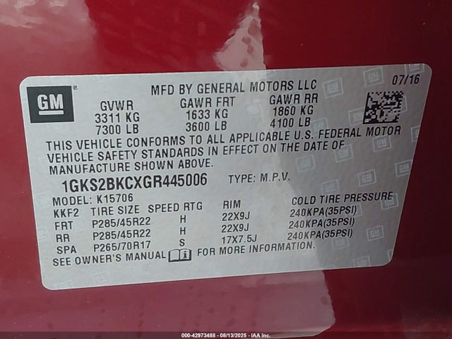 1GKS2BKCXGR445006 GMC l83 - sidi, vvt, afm, e85 max, aluminum