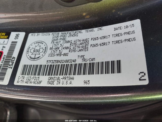 5TFDZ5BN2GX003240 Toyota 2gr-fks