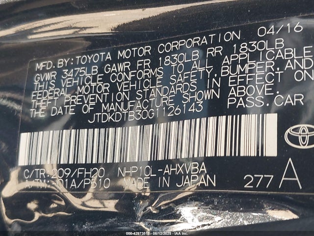 JTDKDTB30G1126143 Toyota 1nz-fxe+1lm
