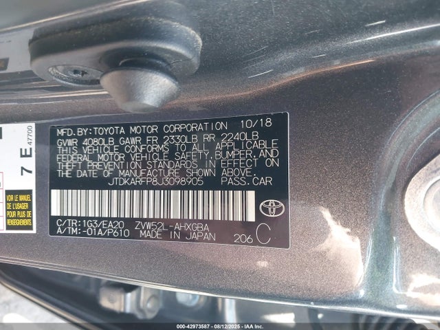 Toyota 2zr-fxe+1nm 2018 JTDKARFP8J3098905 Image 9