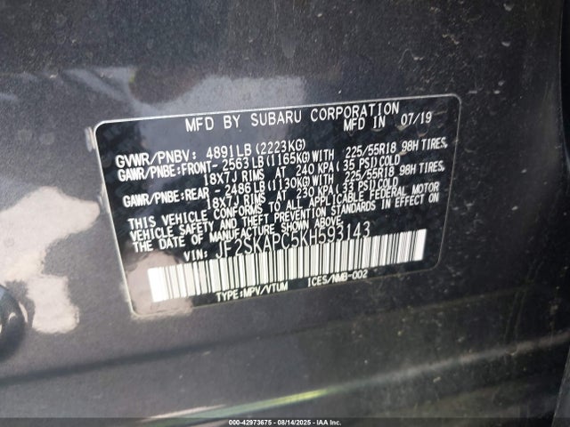 Subaru naturally aspirated u5 2019 JF2SKAPC5KH593143 Image 9