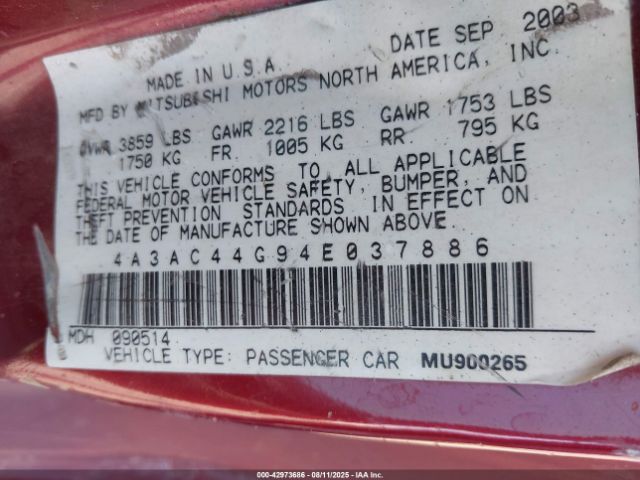 2004 MITSUBISHI ECLIPSE 4A3AC44G94E037886 Photo 8