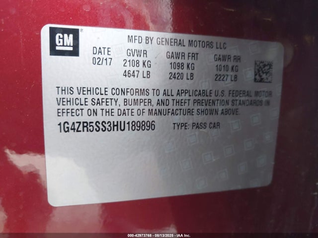 1G4ZR5SS3HU189896 Buick lgx -di: direct injection - vvt: variable valve timing - alum - gen 2