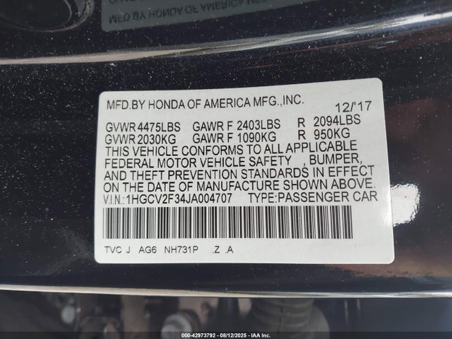 Honda k20c4 2018 1HGCV2F34JA004707 Image 9