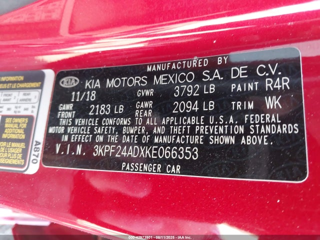 3KPF24ADXKE066353 KIA mpi nu