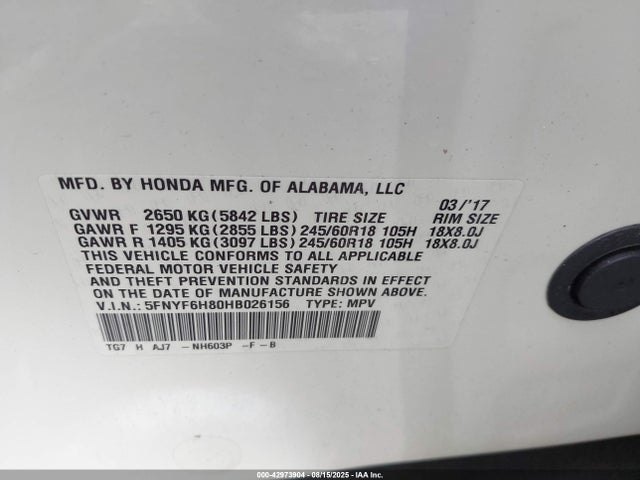 5FNYF6H80HB026156 Honda j35y6
