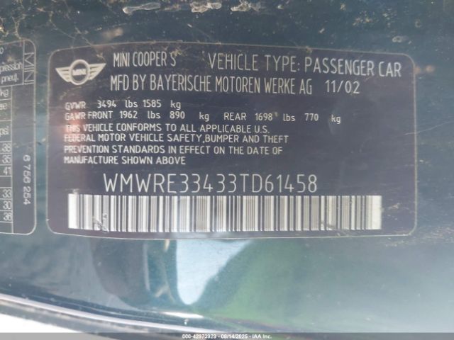 2003 MINI COOPER S WMWRE33433TD61458 Photo 8