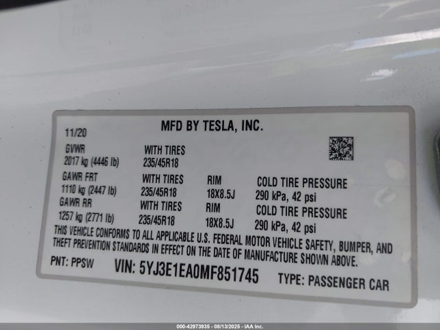 2021 TESLA MODEL 3 5YJ3E1EA0MF851745 Photo 8
