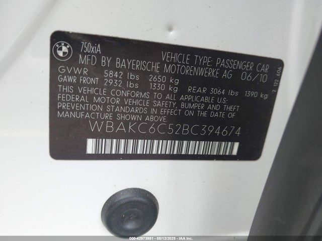 Продажа на аукционе авто 2011 Bmw 750i Xdrive, vin: WBAKC6C52BC394674, номер лота: 42973981