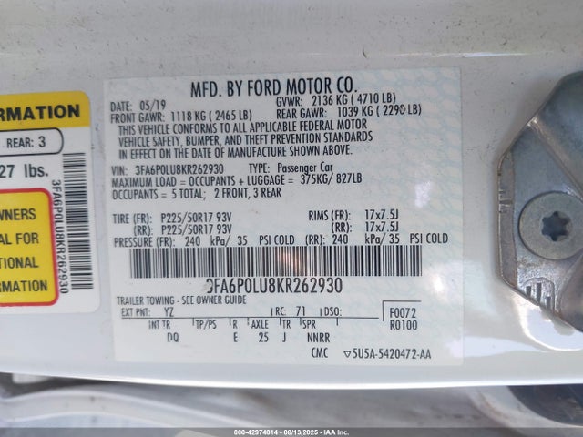 Ford Fusion Hybrid Se 2019 3FA6P0LU8KR262930 Image 9