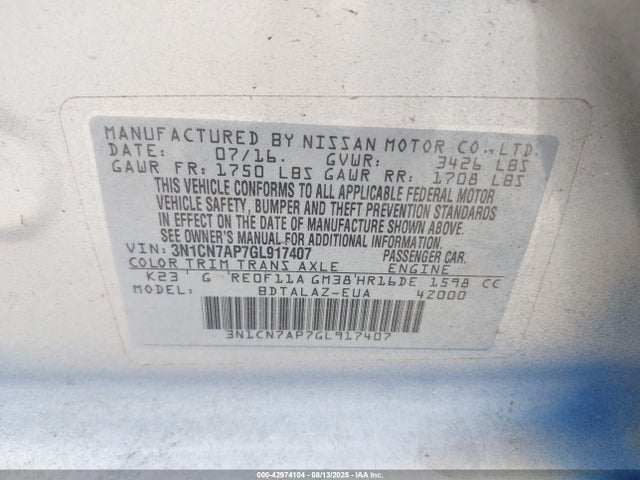 Nissan Versa 2016 3N1CN7AP7GL917407 Image 9