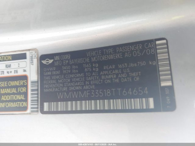 2008 MINI COOPER WMWMF33518TT64654 Photo 8